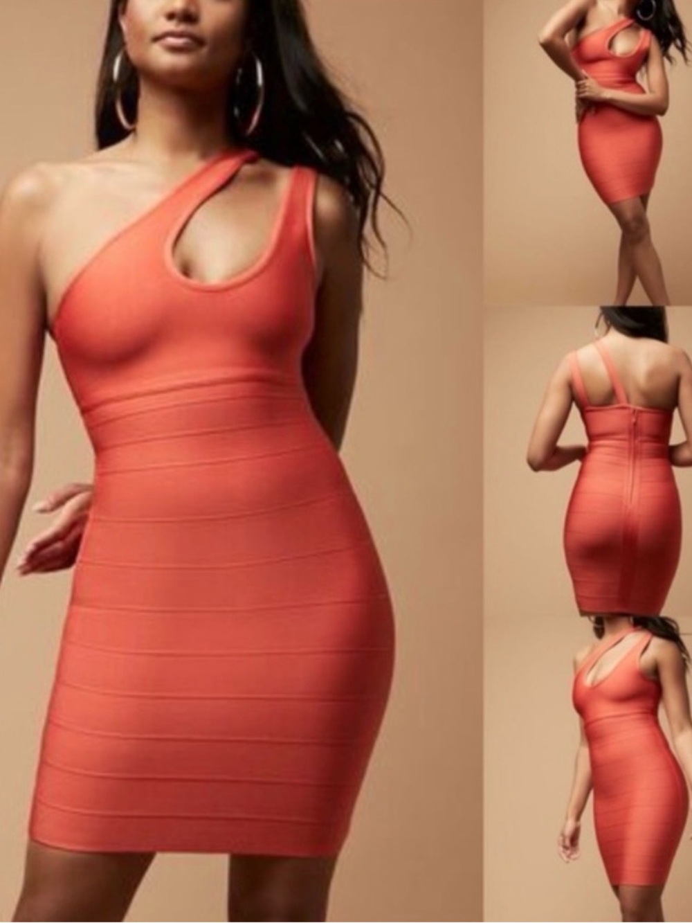 Herve Leger Sleeveless One-Shoulder Orange Bandage Dress